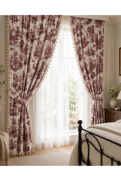 Luxoras Home French Country Patterned Background Curtain with Cornice, 3-Edge Tassels, Duck Fabric, Vintage Country Curtain (Width X Length)-Lace Gift Included