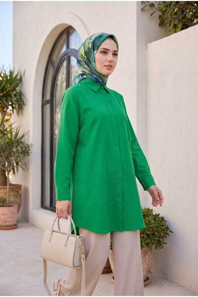 Modamorfo Oval Cut Long Shirt with Hidden Buttons - Green