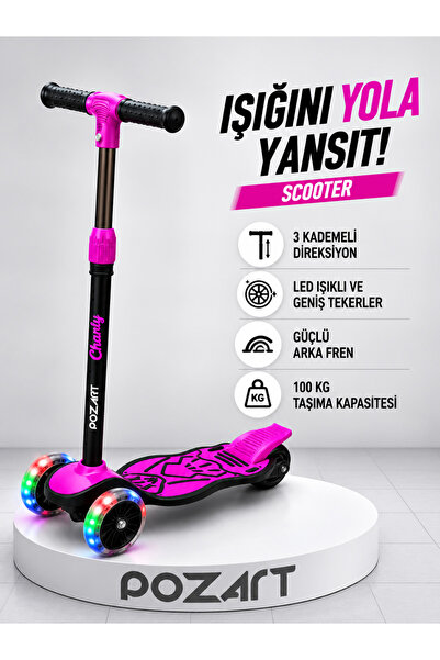 chanky SCOOTER Işıklı Teker Geniş Taban ve Fren 3 ile 7 Yaş Arası Uygun 3 Kad...