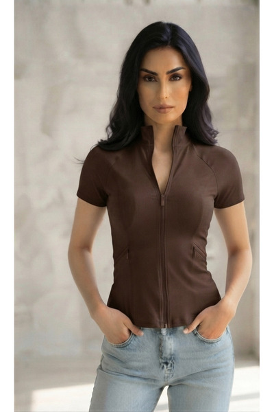 EDVESS Short Sleeve Zipper Slim Fit Blouse