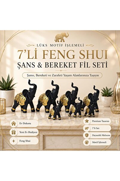 e-life shop Lüks Motif İşlemeli 7’li Feng Shui Şans ve Bereket Fil Biblo Heyk...