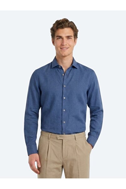 Kip Indigo Plain Regular Fit Long Woven Casual Cotton Blend Shirt