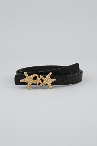 Milleniva Sea Star Gold Buckle Black Thin Women's Belt 1.5 cm