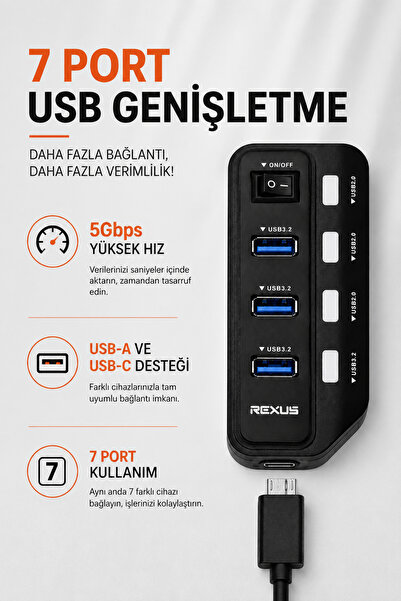 Coverzone 7 Port USB Hub USB 3.2 Multiplexer 5Gbps with Switch Usb-A Usb-C Ad...