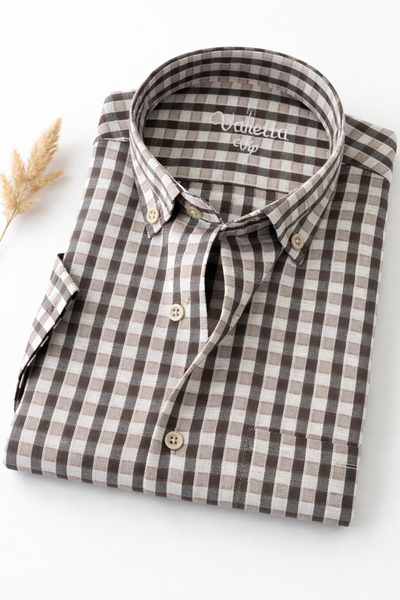 Varetta Men's Short Sleeve Shirt Checkered Brown Pocket Collar Buttoned Summe...