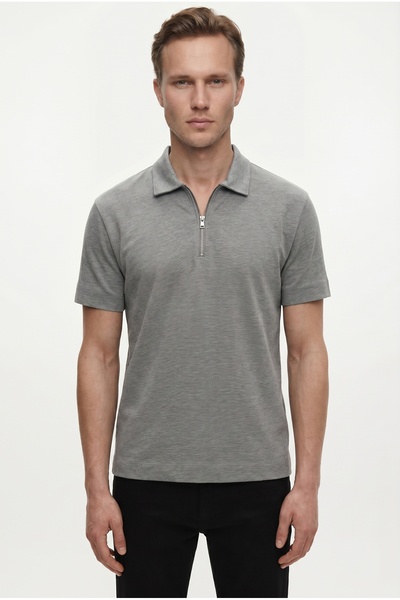 Tween Relaxed Fit Gri Yarım Fermuarlı Polo Yaka Yazlık T-Shirt