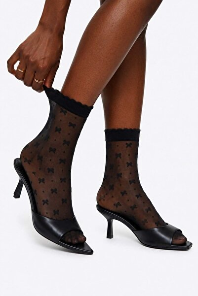 Women's Ribbon Patterned Thin Socket Socks Black