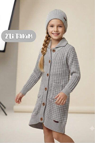 Hilal Akıncı Kids Unisex Buttoned Oversize Long Knitwear Cardigan Beret Doubl...