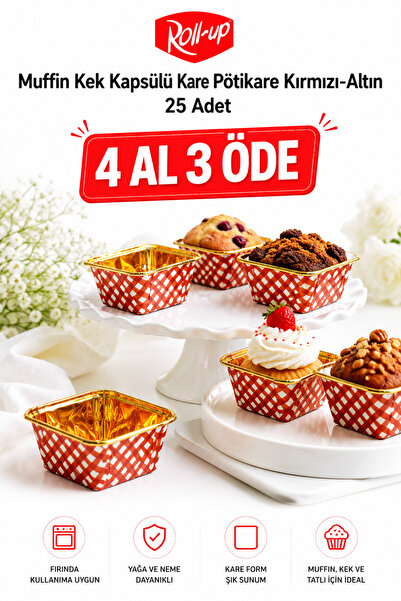 Dolphin Muffin Kek Kapsülü Kare Pötikare Kırmızı-Altın 25li