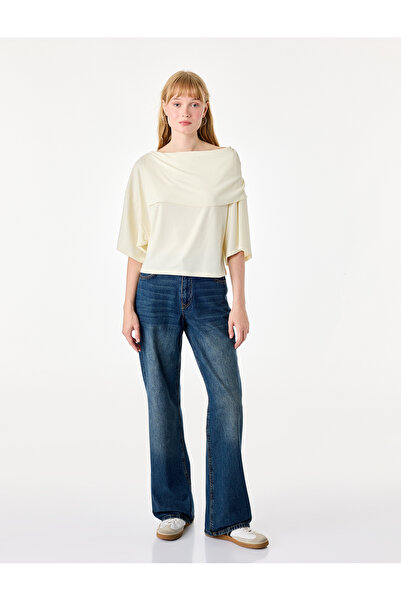 Koton Viscose Blended Layered Collar Off-The-Shoulder Bat Sleeve Blouse