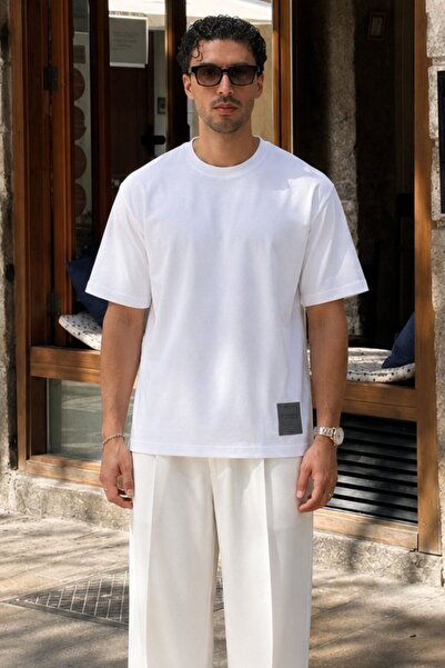 Madmext White Crew Neck Cotton Overfit T-Shirt with Rigging Detail 7019