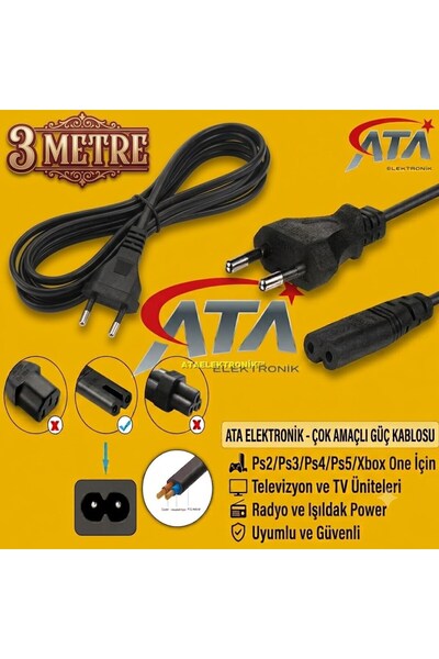 ATA ELEKTRONİK 3 Metre - C7 Güç Kablosu ps2 ps3 ps4 ps5 xbox one Televizyon t...