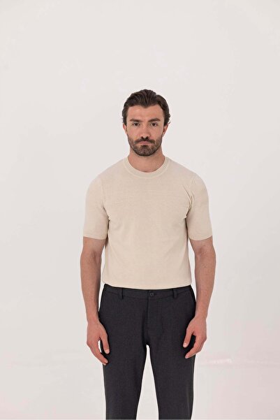 Sabri Özel Bisiklet Yaka Jakar Çizgili Erkek Triko T-Shirt Bej