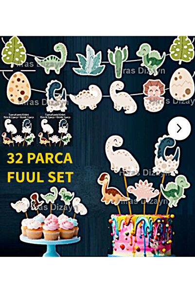 Hiras Dizayn 32 Parça Dinozor Temalı Set Doğum Günü Süsü Banner Pasta Kürdanı...