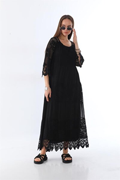 Bohem Stil İTALYAN SUNSHINE İPEK DETAYLI FİLE DANTELLİ ELBİSE
