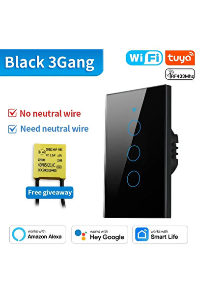 Choice8 TNCE WIFI Blakc 3Gang TNCE Tuya Wifi/Zigbee Smart Light Switch US Tou...