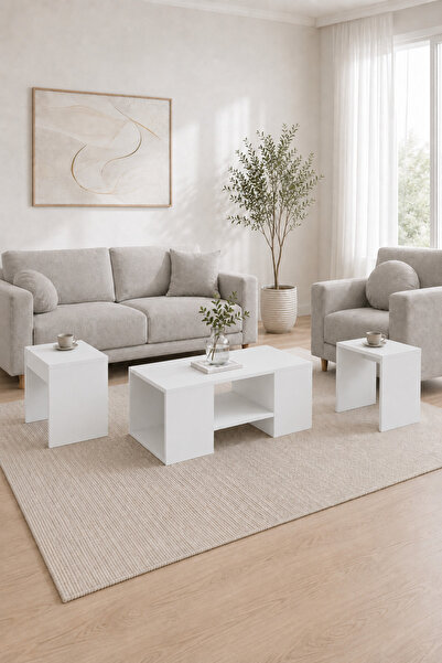 ARNETTİ Sartos 3'lü Zigon Sehpa Takımı, Beyaz Modern Orta Sehpa, Salon ve Yan...