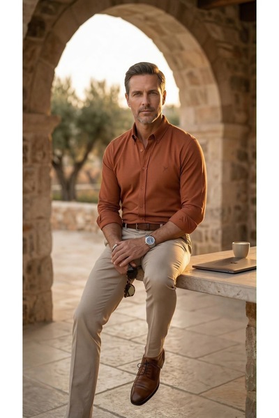 MEGALDİ Erkek Slim Fit Turuncu Likralı Esnek Uzun Kollu Gömlek