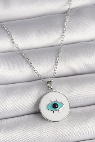 Inure Jewelry 316L Steel Silver Color Chain White Enamel Turquoise Eye Embroi...