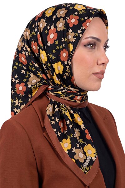 hadiora Women's Black Brown Floral Patterned Organic Cotton Soft Scarf