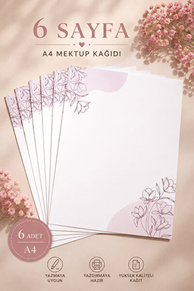 Organik Yolda Pink Floral Detailed Letter Paper (12 Pieces A4 Size)