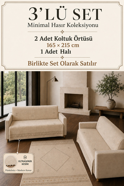 GECE HOME 3’lü Set 2 Adet 165x215 cm Koltuk Örtüsü + 1 Adet Kaymaz Taban Diji...