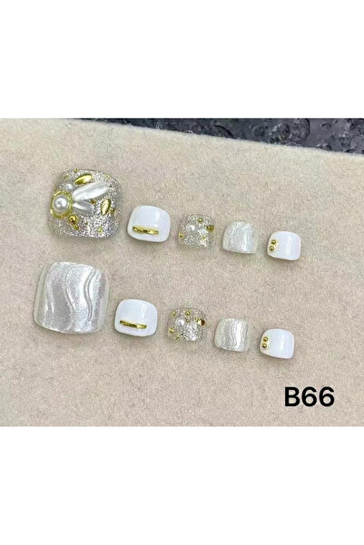 LoreaNails Sedefli Beyaz Gold Detaylı Kare El Yapımı Takma Tırnak S