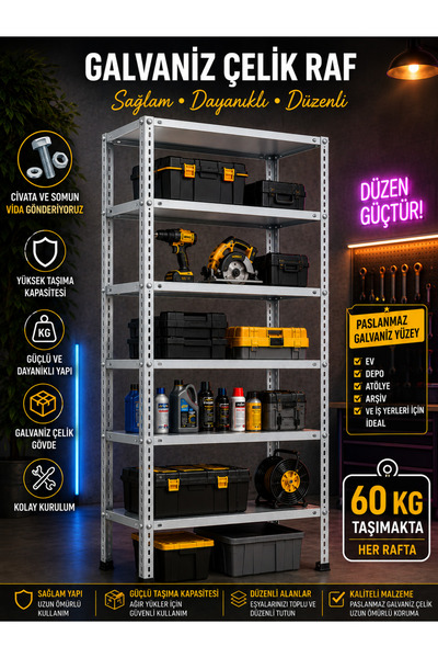 ALANRAF 6 Katlı Galvaniz Çelik Raf 31x75x200 cm Hırdavat, Market, Ofis, Banyo...