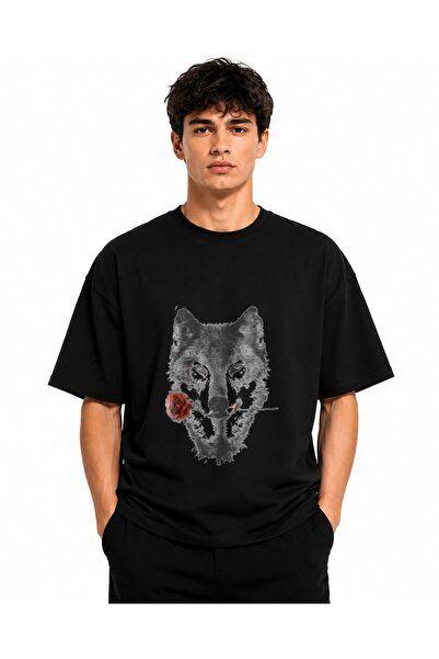 Inscriptie Tricou Unisex Bumbac Premium Casual " Lup cu trandafir "