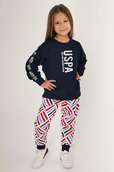 U.S. Polo Assn. قاعدة. طقم بدلة رياضية للفتيات باللون الأزرق الداكن من بولو أسن
