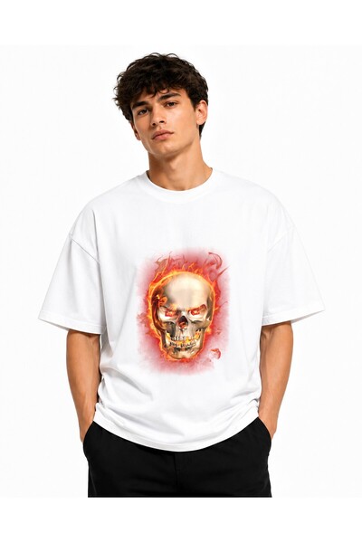 Inscriptie Tricou Unisex Bumbac Premium Casual " Flaming skull "