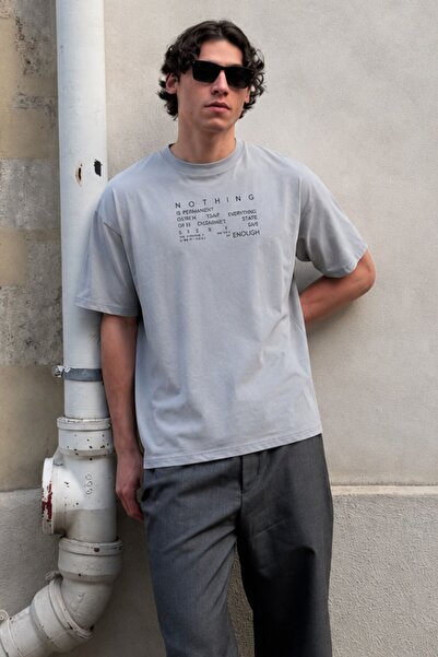 Madmext Painted Gray Overfit Crew Neck Back Printed Short Sleeve Men's T-Shir...