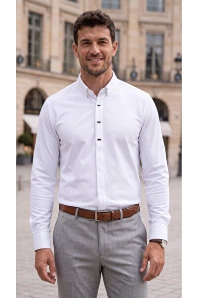 Generic Brand Men's long sleeve shirt with concealed button and metal detail