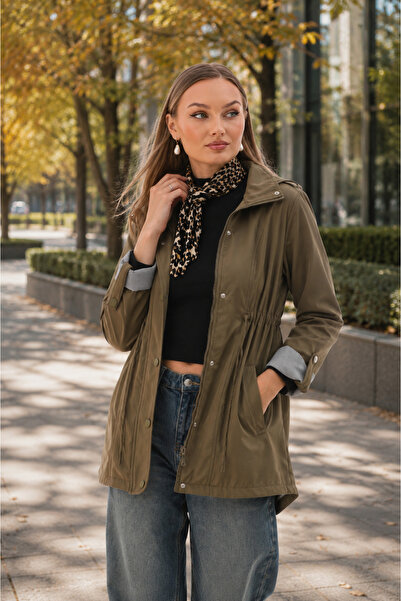 ŞİMAL Women's Cuffed Sleeves Patterned Waist Drawstring Detailed Trench Coat ...