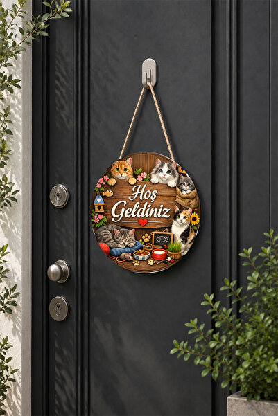 Lucena Cat Themed Welcome Door Ornament Wooden Round Door Decoration