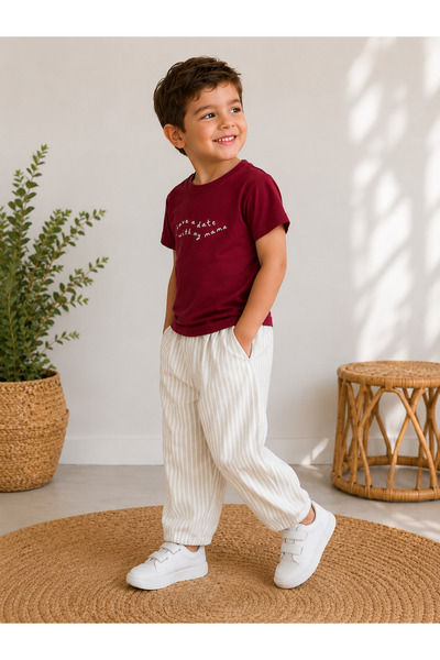 UNICORN Bordo Baskılı Çizgili Pantolonlu Unisex Çocuk Takım