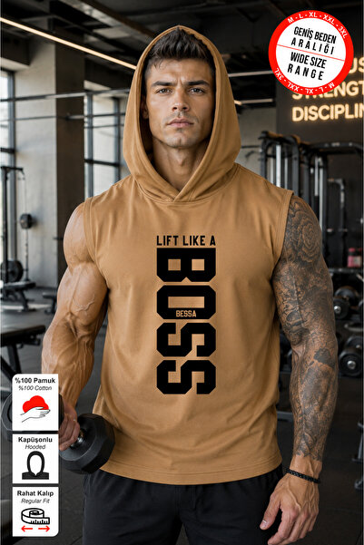 BESSA Férfi Lift Like Printed Beige Oversize Crew Neck Cotton kapucnis ujjatl...