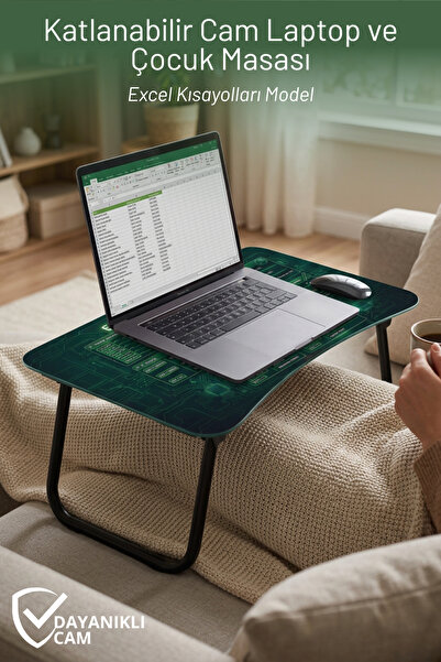 Nandy Home Excel Kısayolları Desenli Katlanabilir Cam Yüzeyli Laptop Sehpası ...