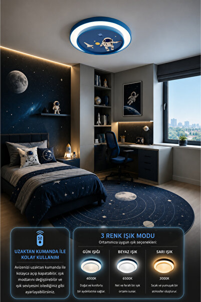 Modavize Astronot 2 Katlı Modern Tasarım Uzaktan Kumandalı Dimmerli Gece Modl...