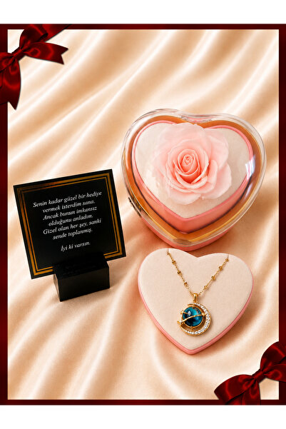 Aroma Hediye Sky Planet Necklace in a Heart Box with Pink Roses for Lover & M...
