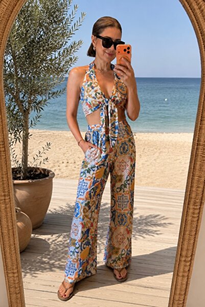 Aurélie Amalfi halter yaka bağlamalı çok renkli pantolon büstiyer takım