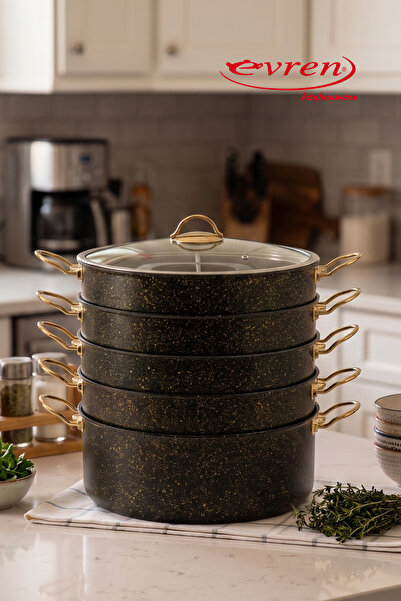 Evren 6 Piece 34 cm Gold Stone Granite Crushed Stone Steamer, Ravioli Pot Set...