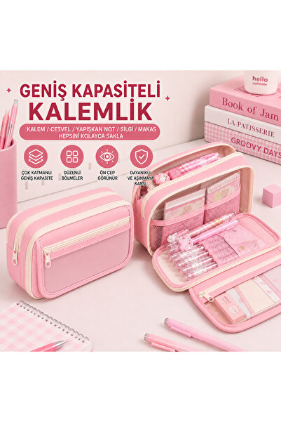 Kawaii Çok Bölmeli Geniş Kapasiteli Basic Kalemlik Kalem Kutu - Pembe