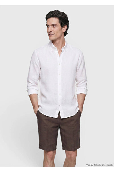 Ramsey Λευκό Απλό Casual Πουκάμισο με Μακριά Ραφή, 100% Λινό
