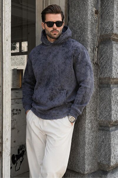 Madmext Navy Blue Patterned Hooded Men's Sweatshirt E7167