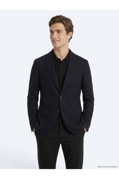 Kip Navy Blue Micro Regular Fit 100% Wool Jacket