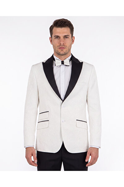 OSCAR BANKS Premium Jacquard White Tuxedo Jacket - Black Satin Detail & Bow T...