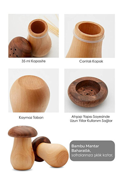 İndecor Houseware 2'li Mantar Şekilli Bambu Tuzluk ve Biberlik Seti – Doğal Ahşap Mantar Tasarımlı Baharatlık