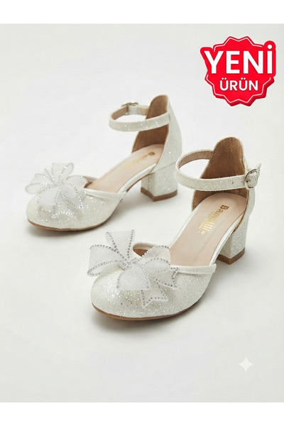PATİK BEBE Girls' White Colorful Bow Decorated Comfortable Square-Heeled Clip...