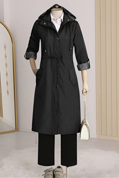 Modamorfo Black Striped Lining Trench Coat